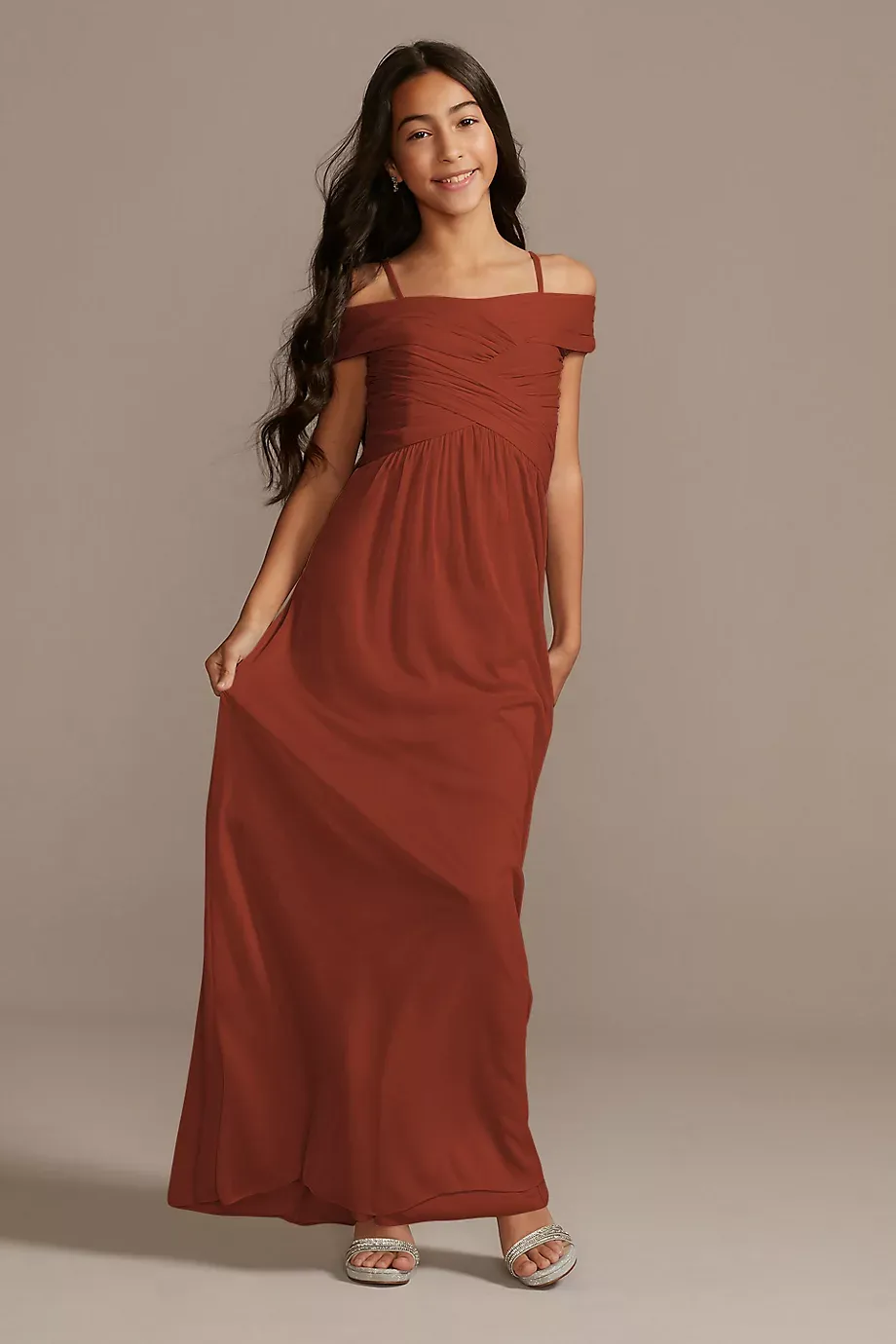 Celebrate DB Studio Crisscross Off-Shoulder Girls Dress in Cinnamon Size: 12 David's Bridal
