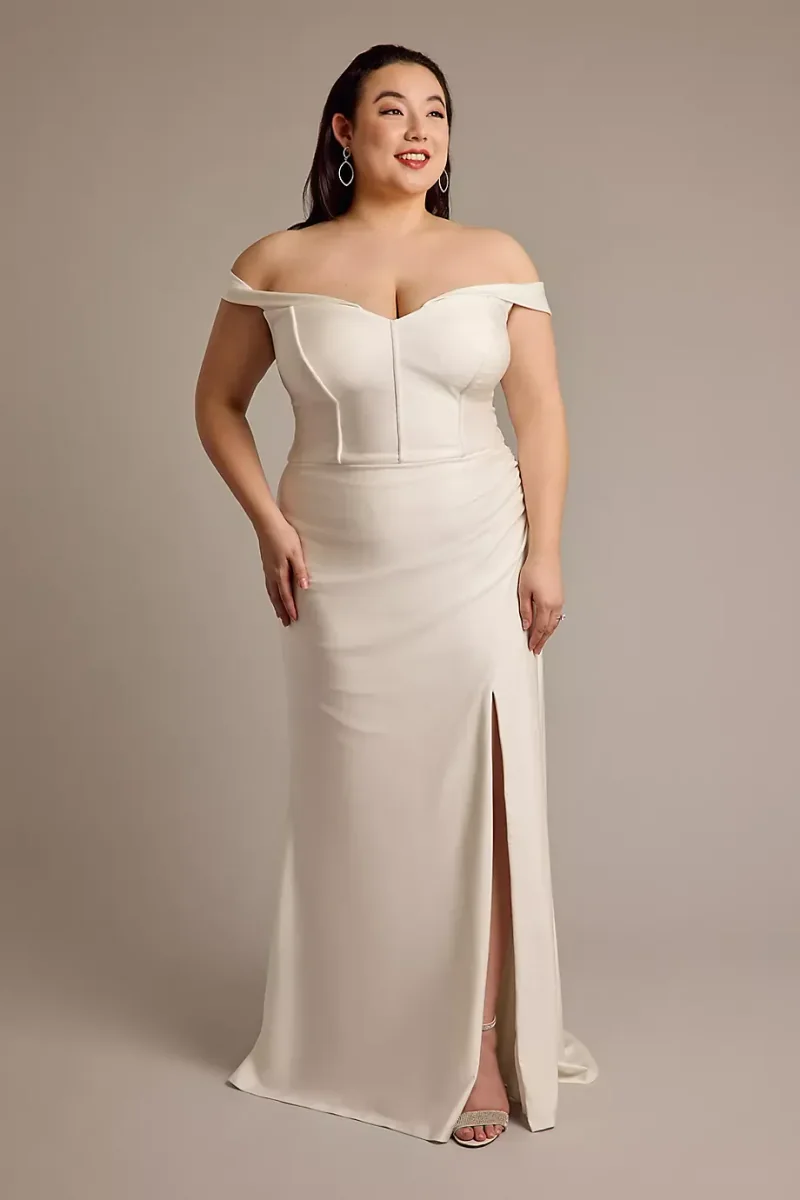 DB Studio Off-The-Shoulder Sculpting Satin Wedding Dress in Soft White Size: 24W David's Bridal