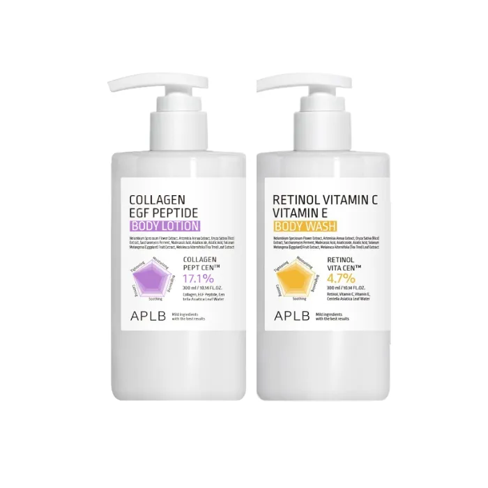 APLB - Collagen EGF Peptide Body Lotion - 300ml (1ea) & Retinol Vitamin C Vitamin E Body Wash - 300ml (1ea) Set