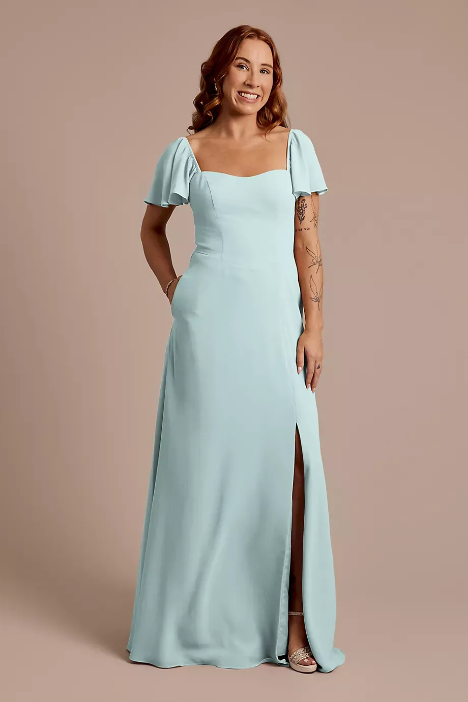 Celebrate DB Studio Chiffon Flutter Sleeve Dress With Basque Waist in Sky Blue Size: 20 David's Bridal