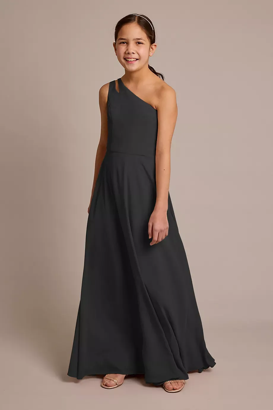 Celebrate DB Studio Chiffon One-Shoulder Junior Dress in Black Size: 12 David's Bridal
