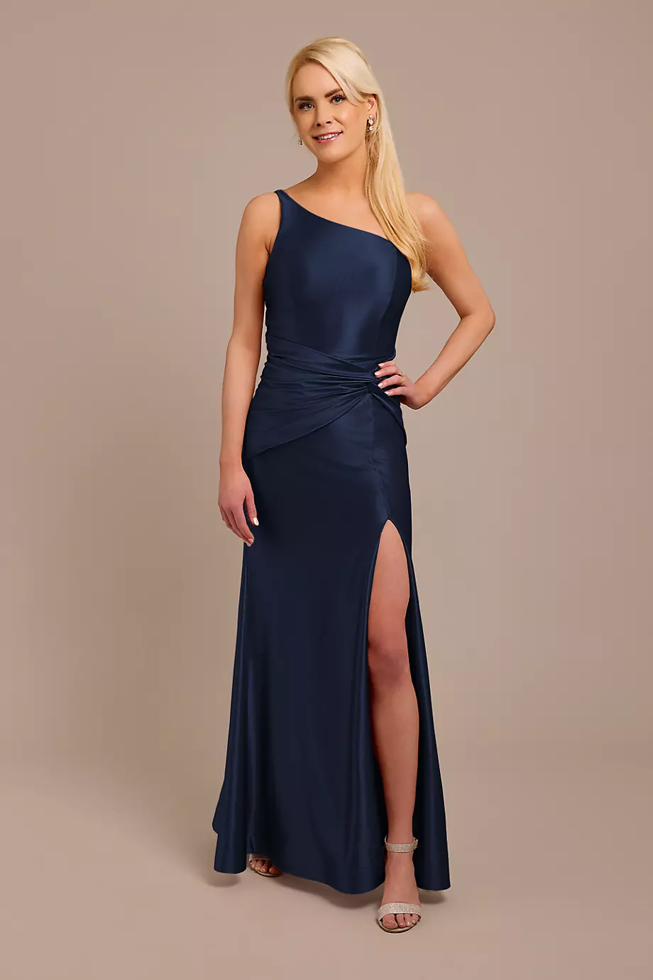 Galina Signature Sculpting Satin One-Shoulder Knot Dress in Marine Size: 24 David's Bridal