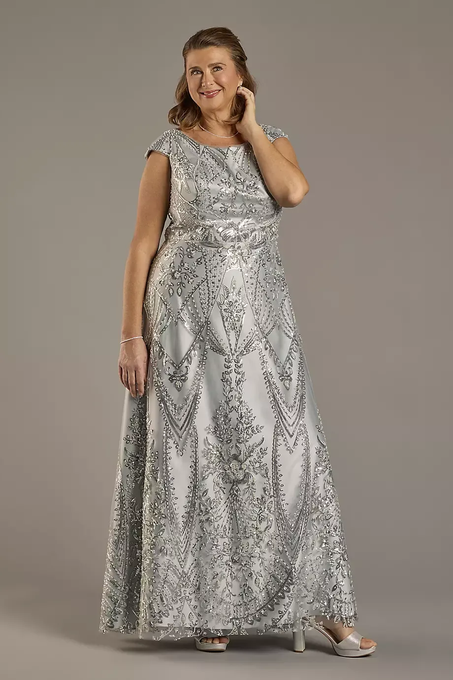Oleg Cassini Beaded Cap Sleeve A-Line Dress in Silver Size: 16W David's Bridal