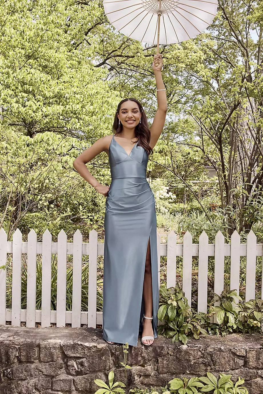 Celebrate DB Studio Sculpting Satin V-Neck Cross-Back Dress in Steel Blue Size: 26 David's Bridal