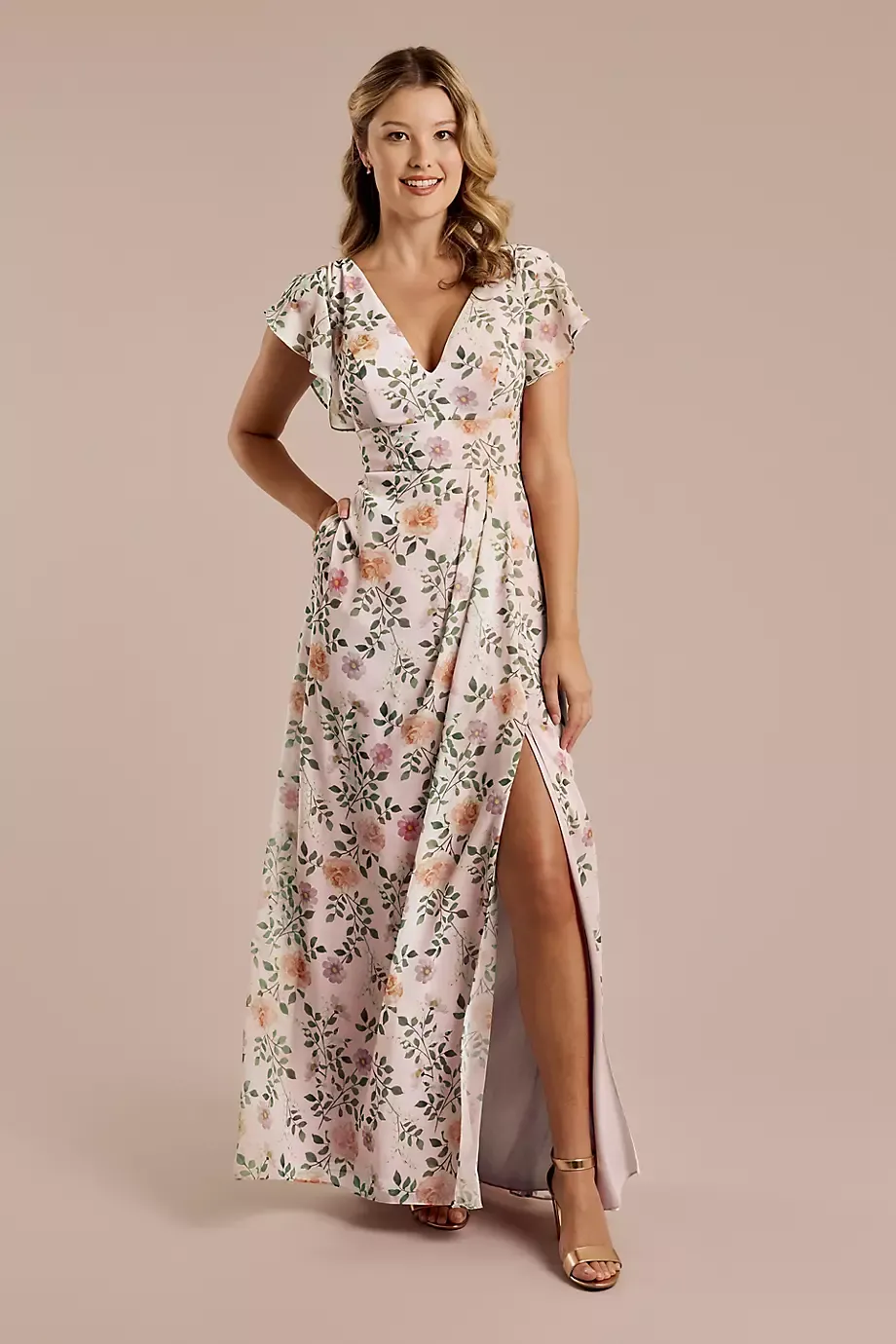 Celebrate DB Studio Floral Chiffon Flutter Sleeve V-Neck Dress in Light Pink Floral Print Size: 4 David's Bridal