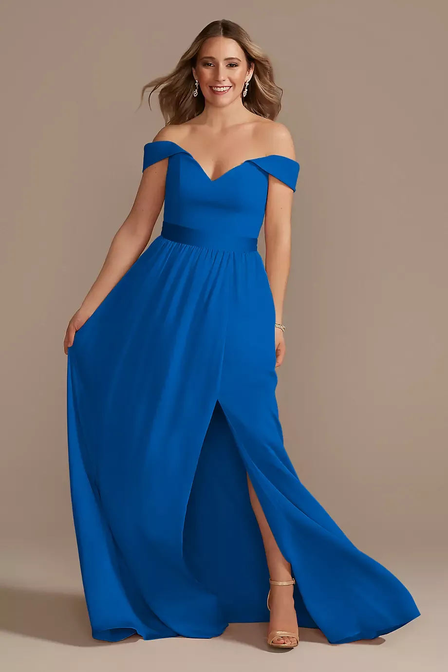 Off-Shoulder Crepe Charmeuse Dress in Horizon Size: 16 David's Bridal