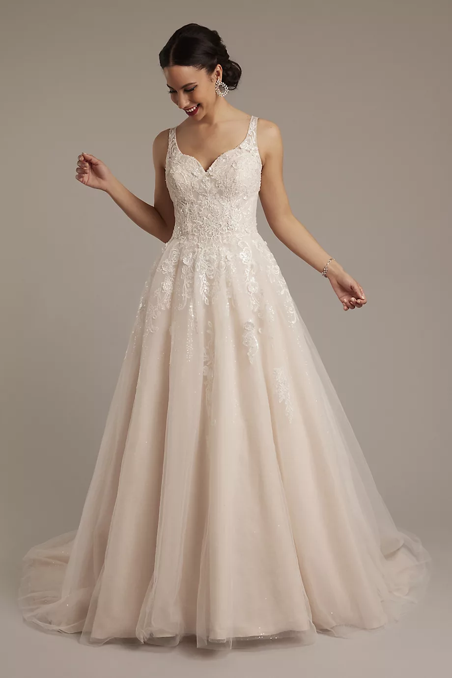 Oleg Cassini Lace Applique Tank Ball Gown Wedding Dress in Ivory/Stone Size: 14 David's Bridal