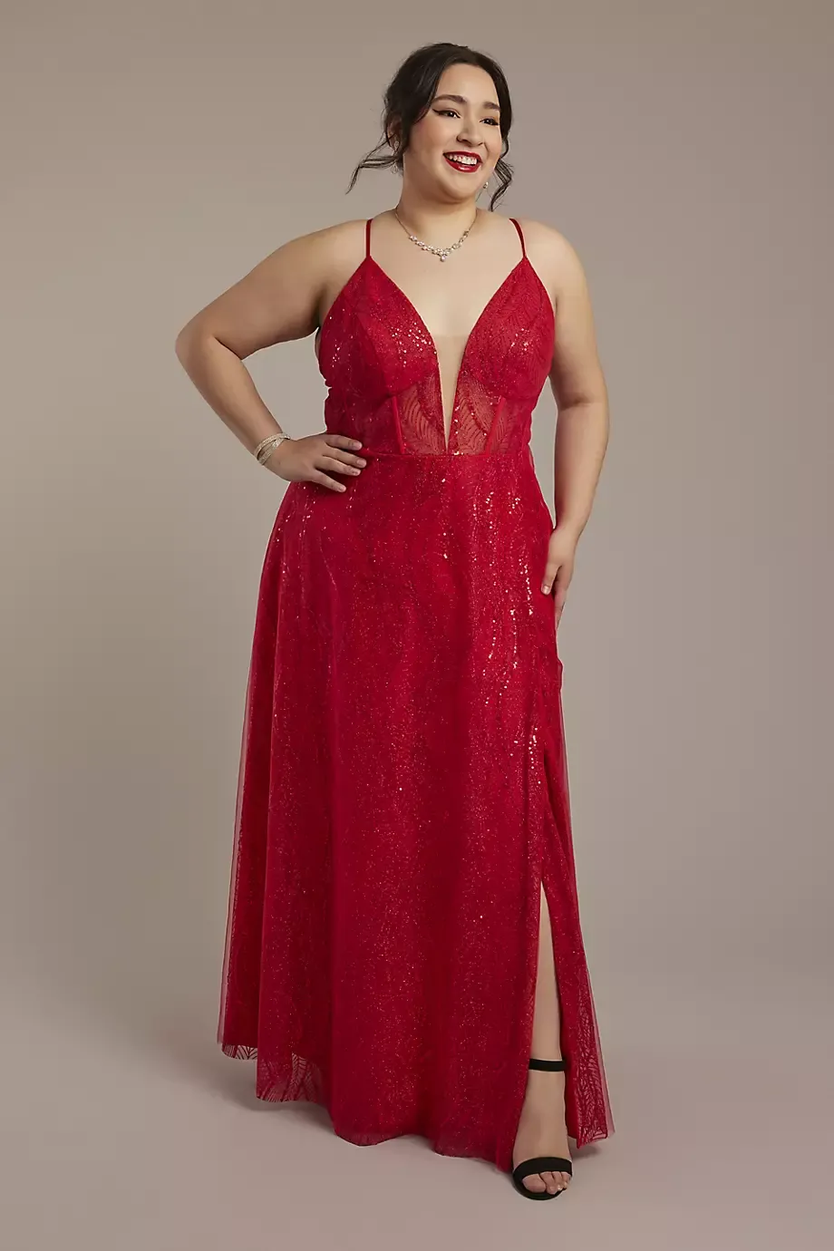 Galina Signature Patterned Sequin A-Line Dress With Plunge Neckline in Red Size: 22 David's Bridal