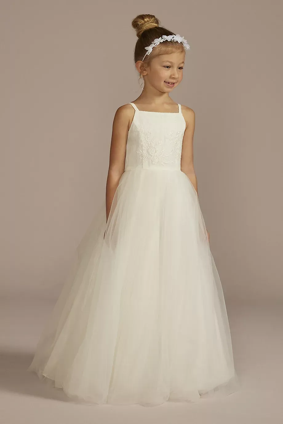 As Is Beaded Lace And Tulle Flower Girl Dress in Soft White Size: 6 David's Bridal