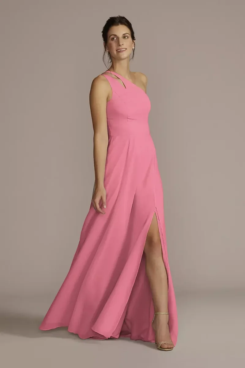 Celebrate DB Studio Chiffon One-Shoulder Cutout Dress in Rose Pink Size: 14 David's Bridal