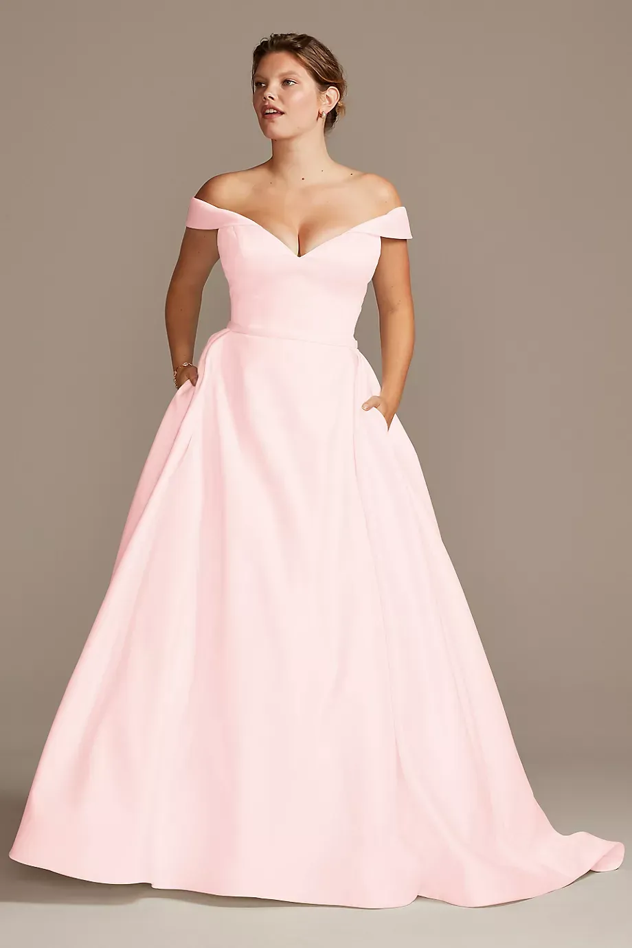 David's Bridal Collection Off Shoulder Satin Gown Plus Size Wedding Dress in Petal Size: 18W David's Bridal
