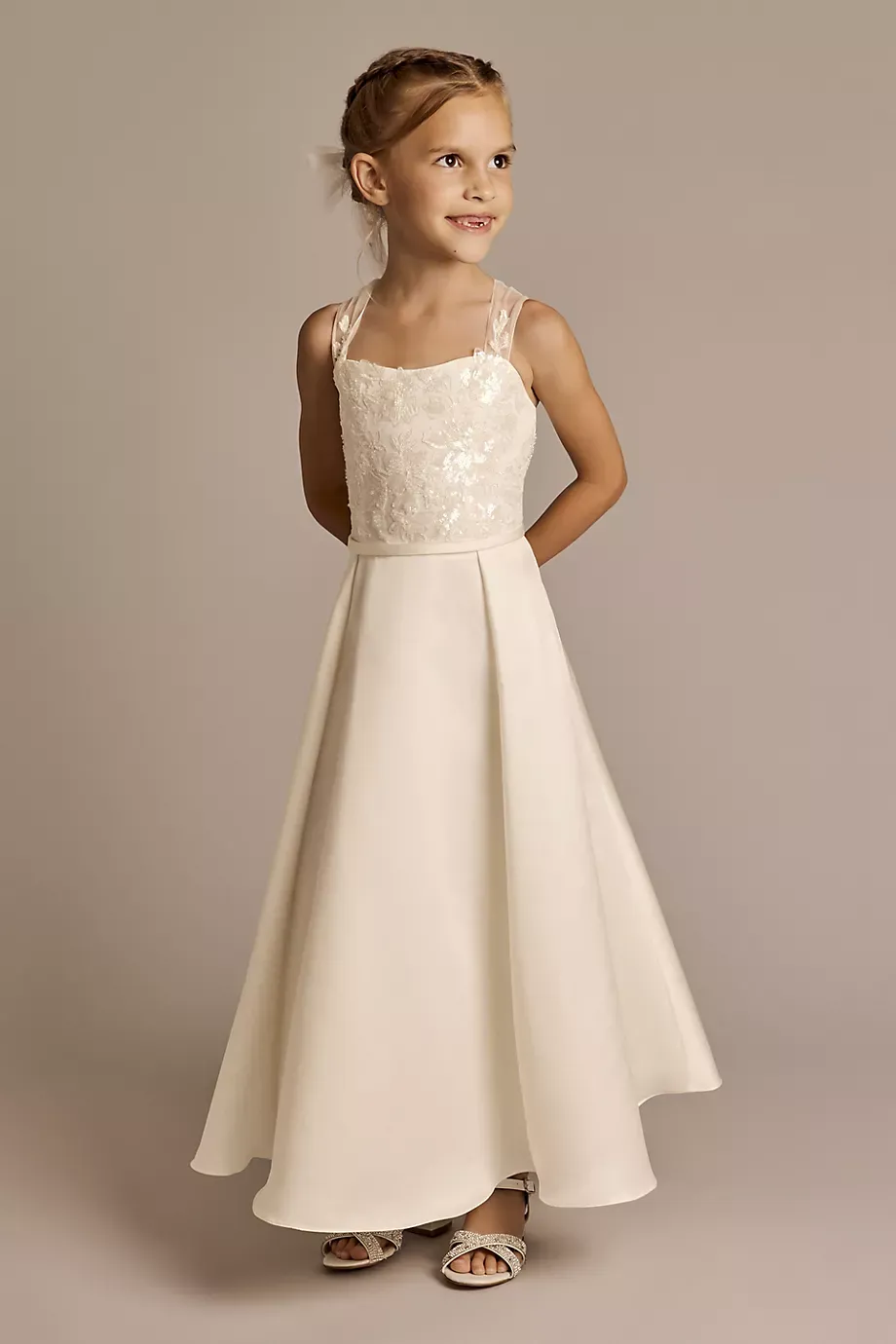 DB Studio Lace Applique Sleeveless Satin Flower Girl Dress in Ivory Size: 6 David's Bridal