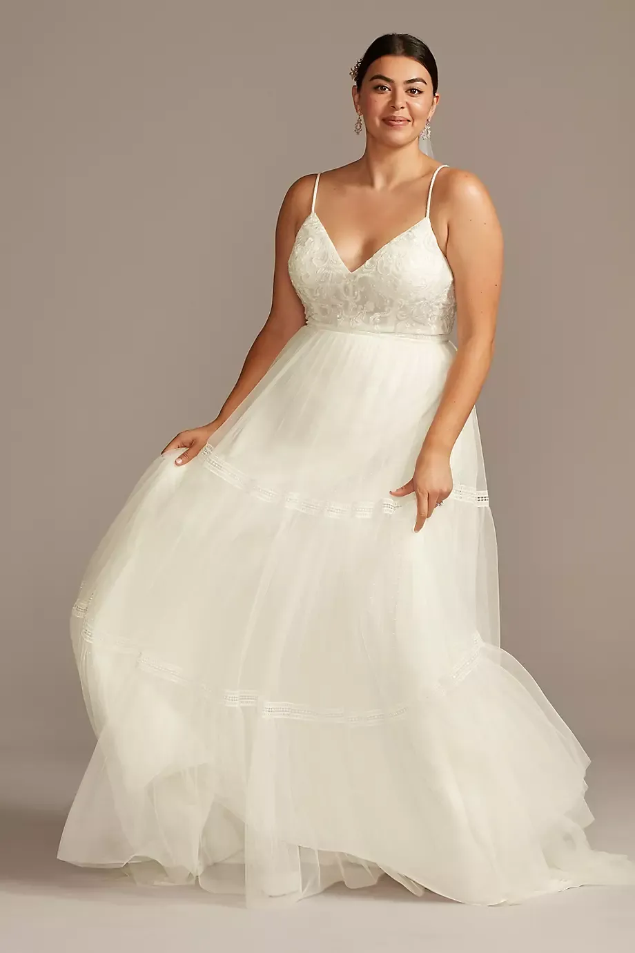 As Is Corset Tiered Chiffon Plus Wedding Dress in Ivory Size: 22W David's Bridal