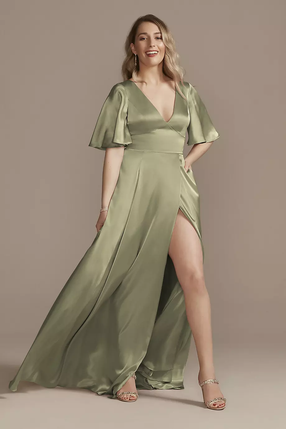 Galina Signature Charmeuse Flutter-Sleeve A-Line Dress in Eucalyptus Size: 28 David's Bridal