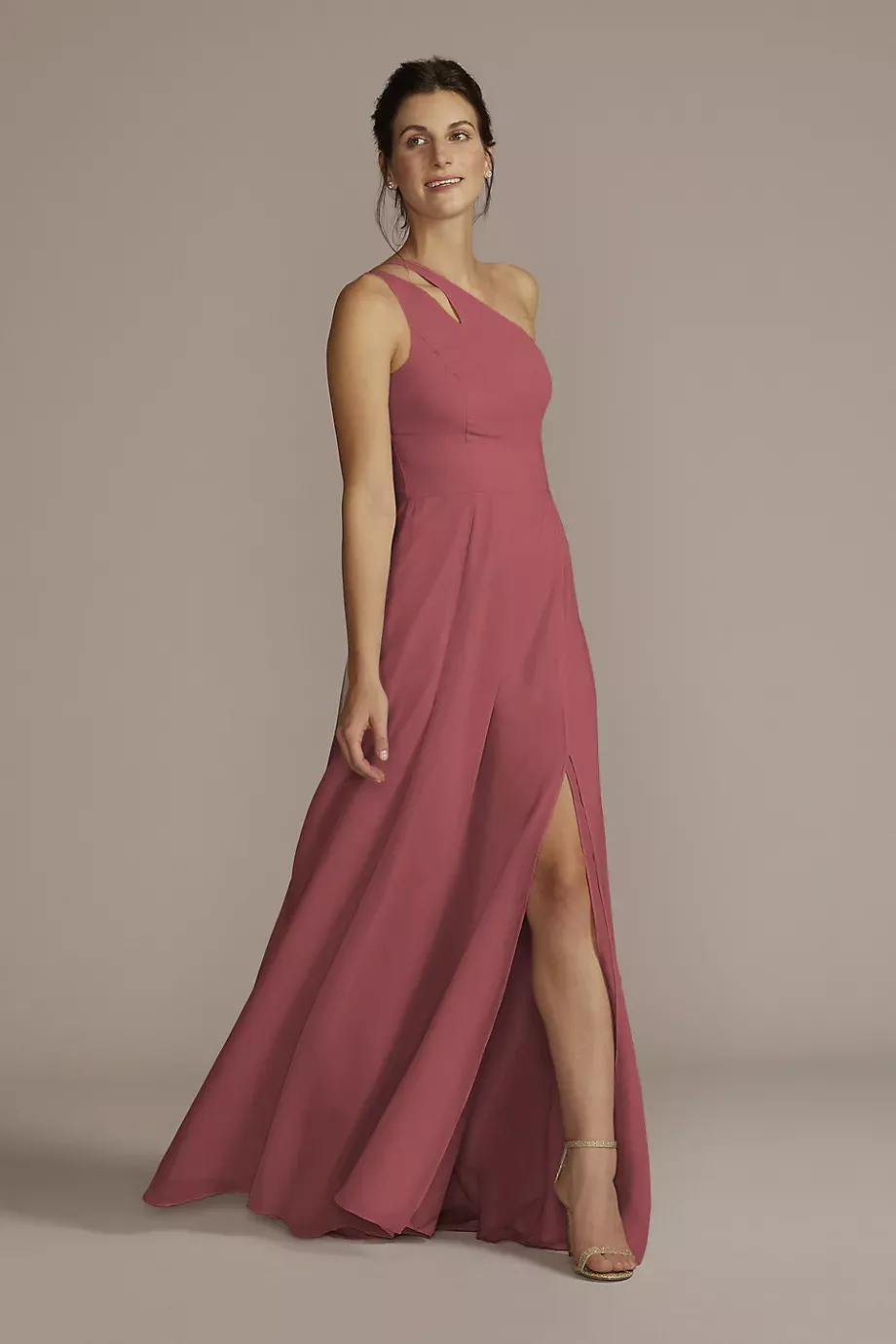 Celebrate DB Studio Tall Chiffon One-Shoulder Cutout Dress in Chianti Size: 0 David's Bridal