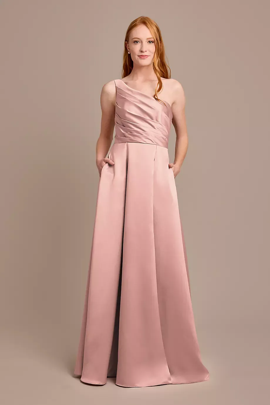 Celebrate DB Studio Satin One-Shoulder A-Line Pleated Dress in Ballet Size: 16 David's Bridal