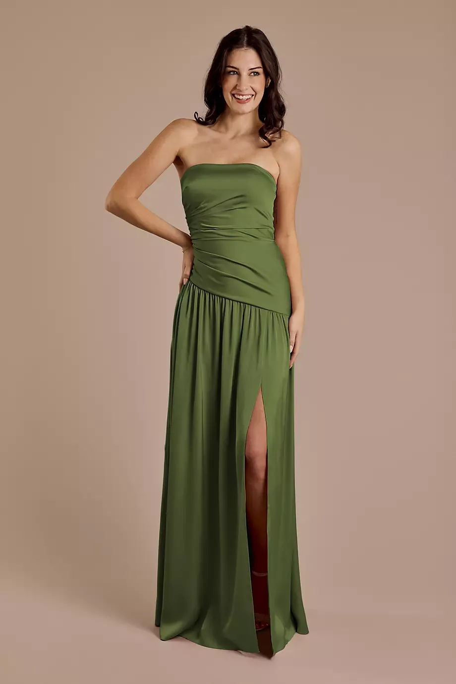 Galina Signature Matte Satin Strapless Drop Waist Dress in Martini Olive Size: 2 David's Bridal