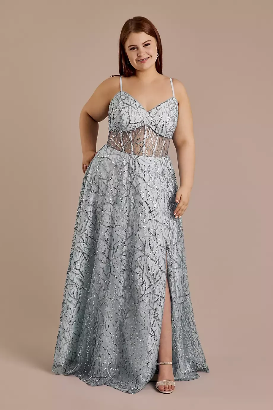 Jules and Cleo Patterned Glitter A-Line Dress With Sheer Corset in Ice Blue Size: 24 David's Bridal