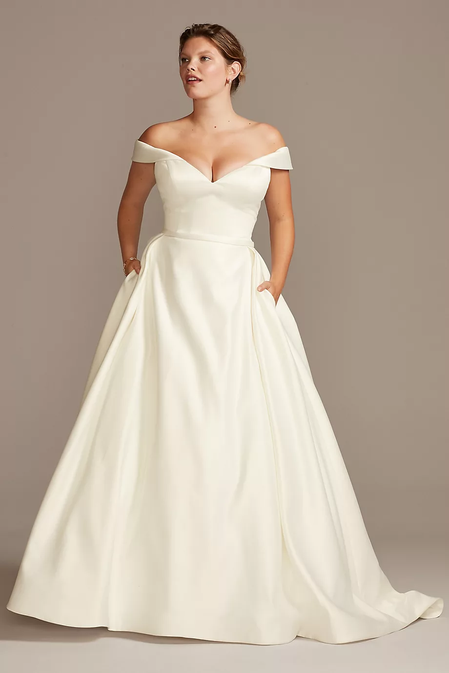David's Bridal Collection Off Shoulder Satin Gown Plus Size Wedding Dress in Ivory Size: 30W David's Bridal