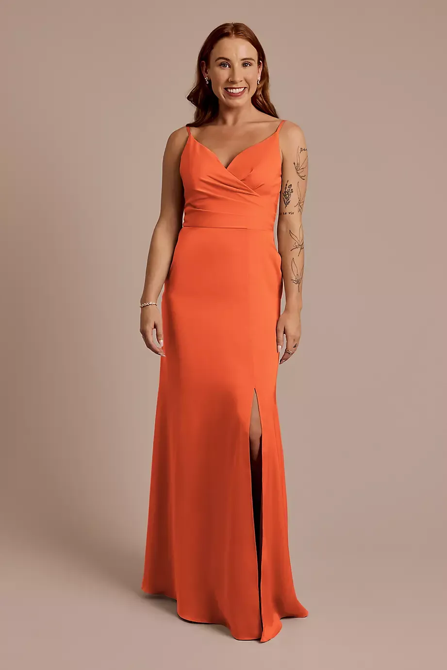 Celebrate DB Studio Matte Satin Spaghetti Strap Surplice A-Line Dress in Sunset Coral Size: 22 David's Bridal