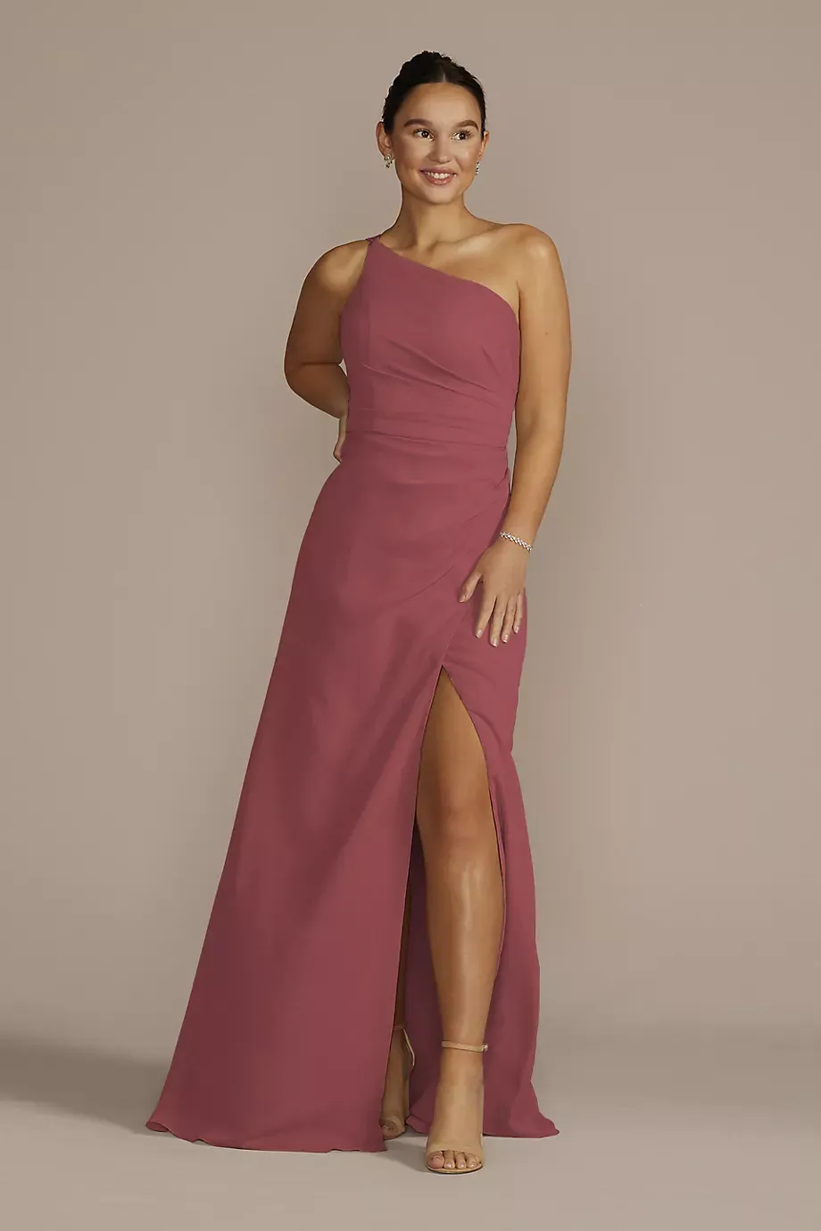 Celebrate DB Studio One-Shoulder Crinkle Chiffon Dress in Chianti Size: 26 David's Bridal