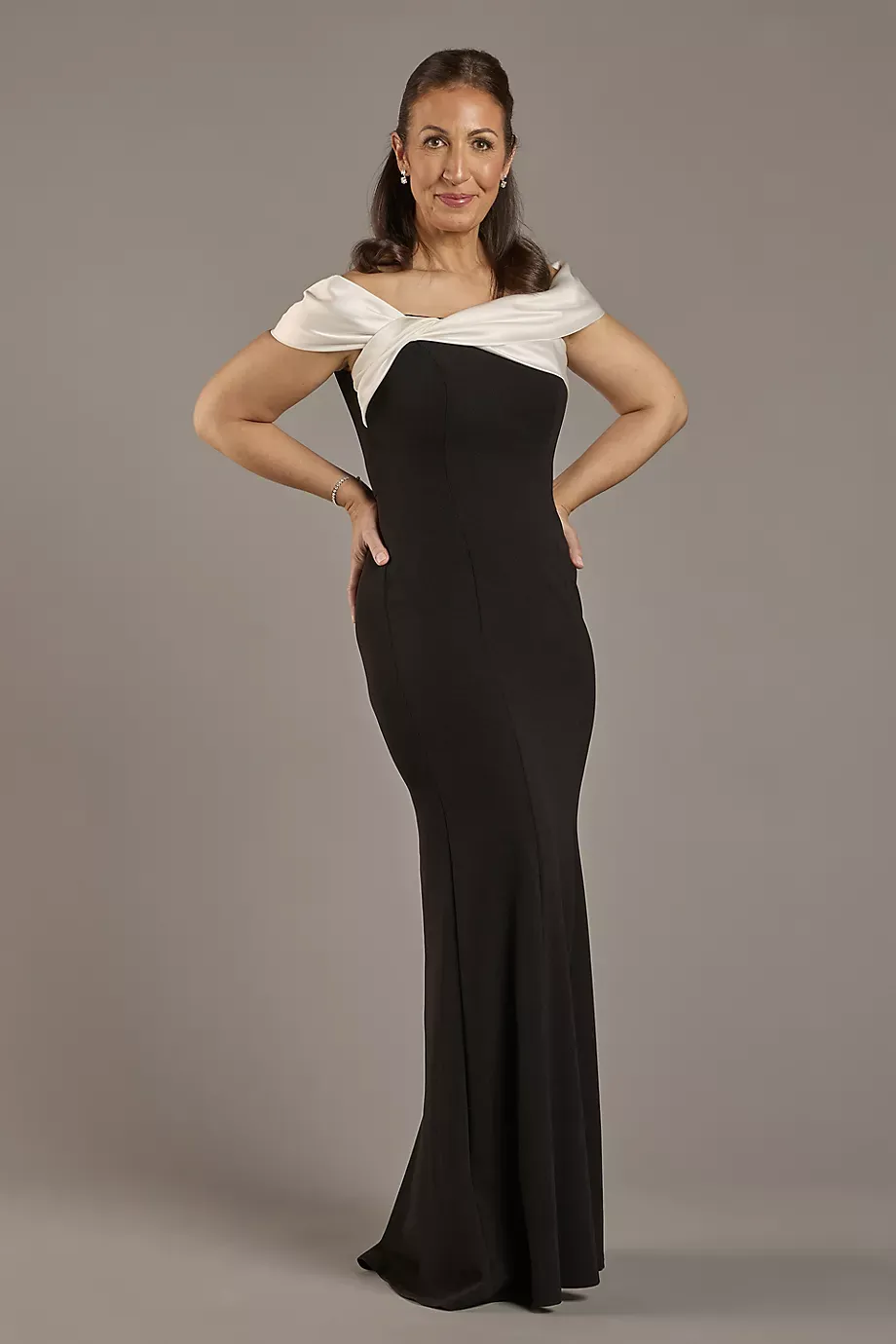 Oleg Cassini Color Block Off-The-Shoulder Sheath Dress in Black/White Size: 12 David's Bridal
