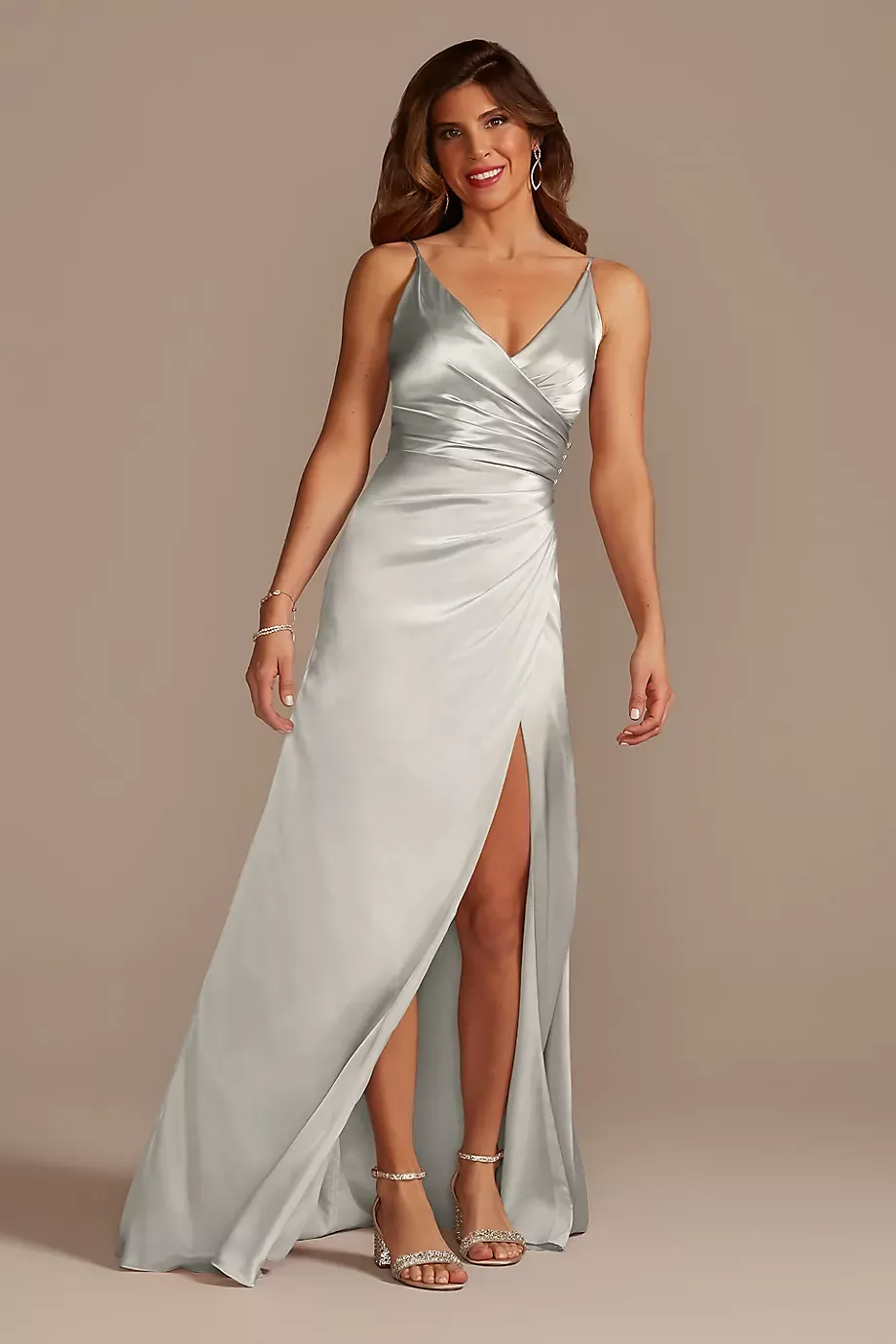 Galina Signature Tall Charmeuse Draped Strappy Dress in Silver Size: 4 David's Bridal