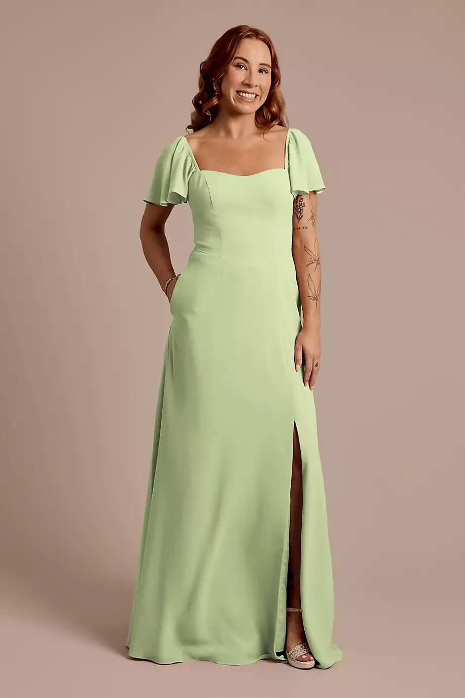 Celebrate DB Studio Chiffon Flutter Sleeve Dress With Basque Waist in Pistachio Size: 0 David's Bridal