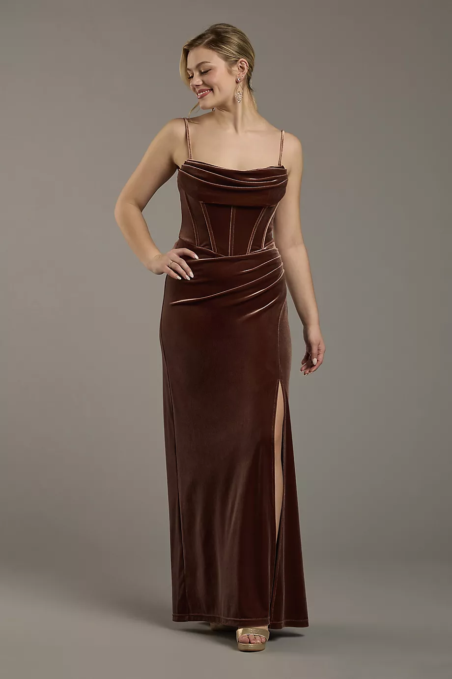 Galina Signature Velvet Corset Bodice Spaghetti Strap Sheath Dress in Chocolate Size: 12 David's Bridal