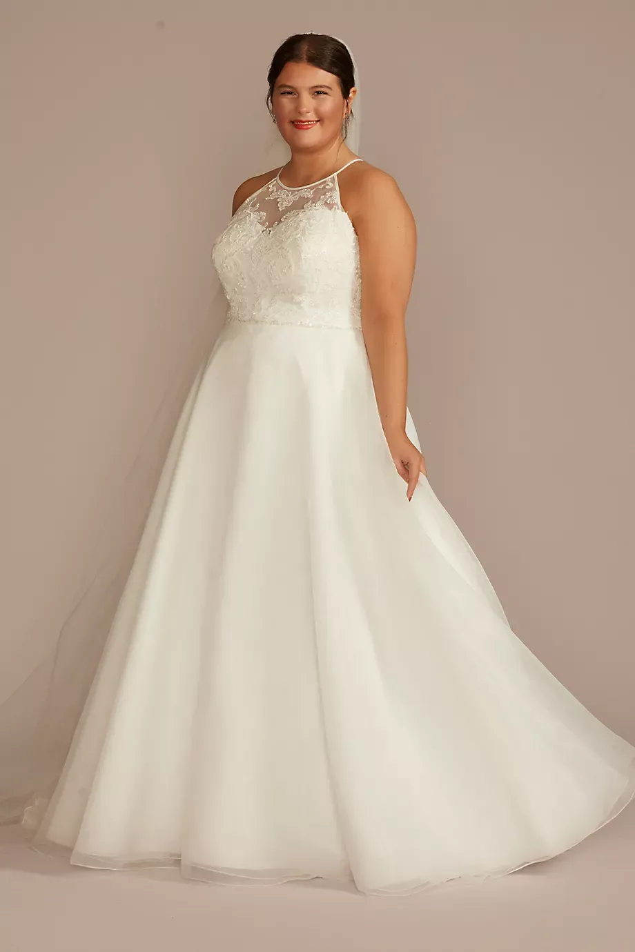 DB Studio Embellished Halter Neck A-Line Wedding Dress in Soft White Size: 22W David's Bridal
