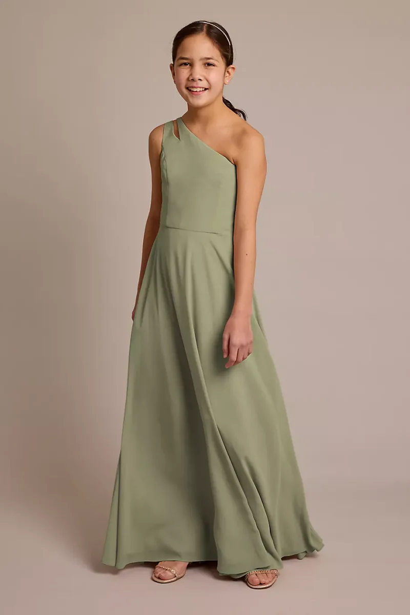 Celebrate DB Studio Chiffon One-Shoulder Junior Dress in Eucalyptus Size: 12 David's Bridal