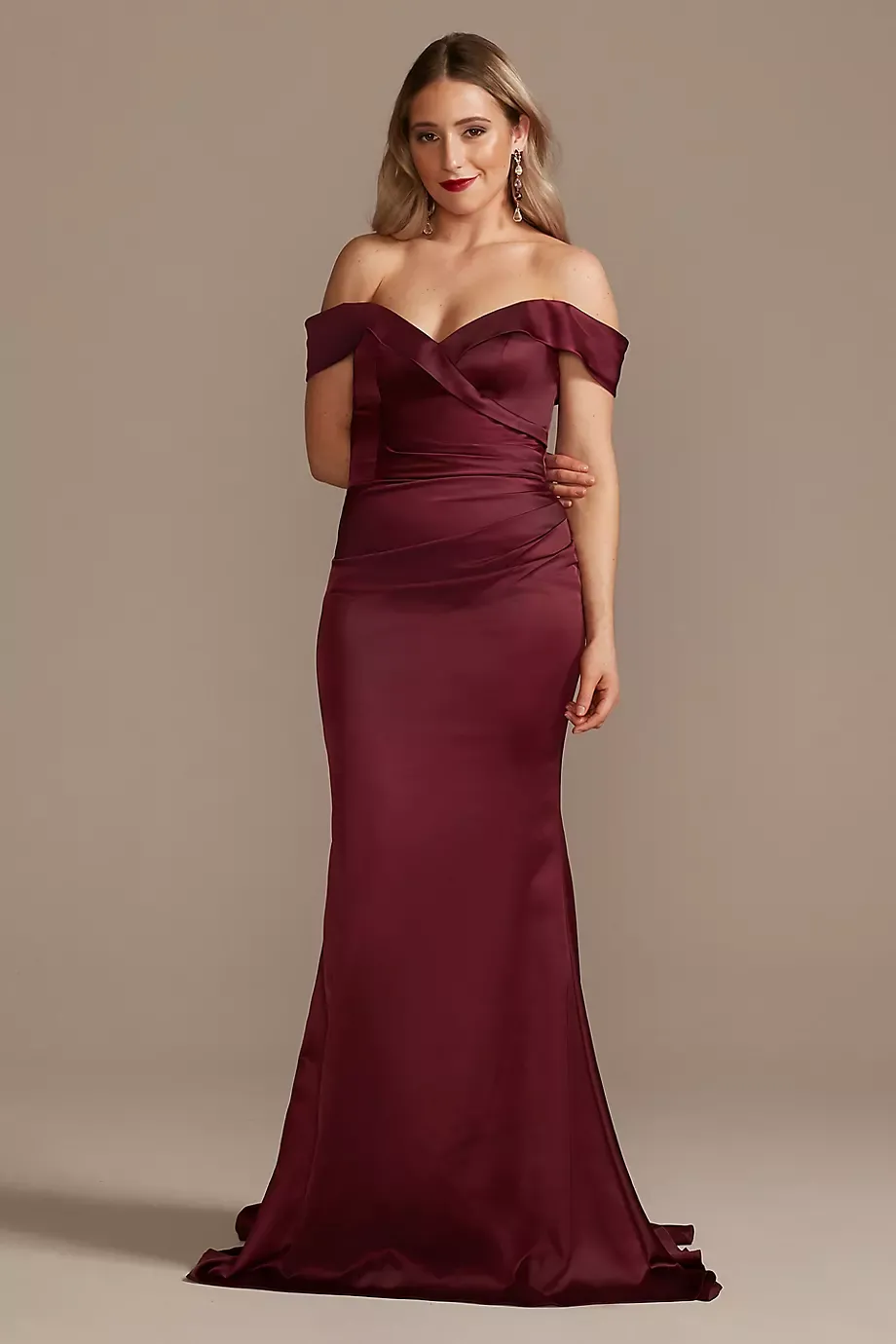 Galina Signature Satin Off-The-Shoulder Mermaid Dress in Wine Size: 14 David's Bridal