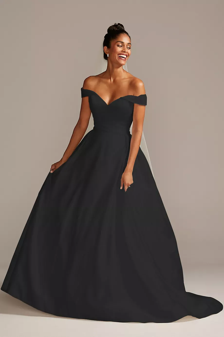 David's Bridal Collection Off Shoulder Satin Gown Plus Size Wedding Dress in Black Size: 10P David's Bridal