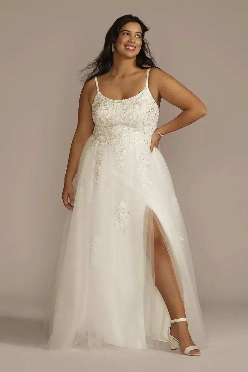DB Studio Scoop Back Lace Applique Tulle Wedding Dress in Soft White Size: 26W David's Bridal