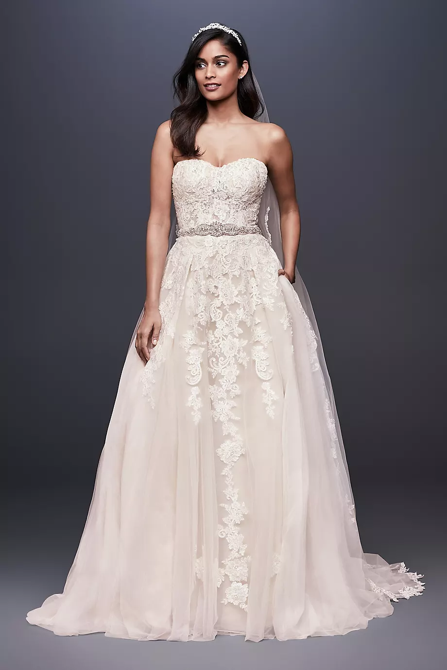 As-Is Sheer Lace And Tulle Ball Gown Wedding Dress in Ivory/Champagne Size: 10 David's Bridal