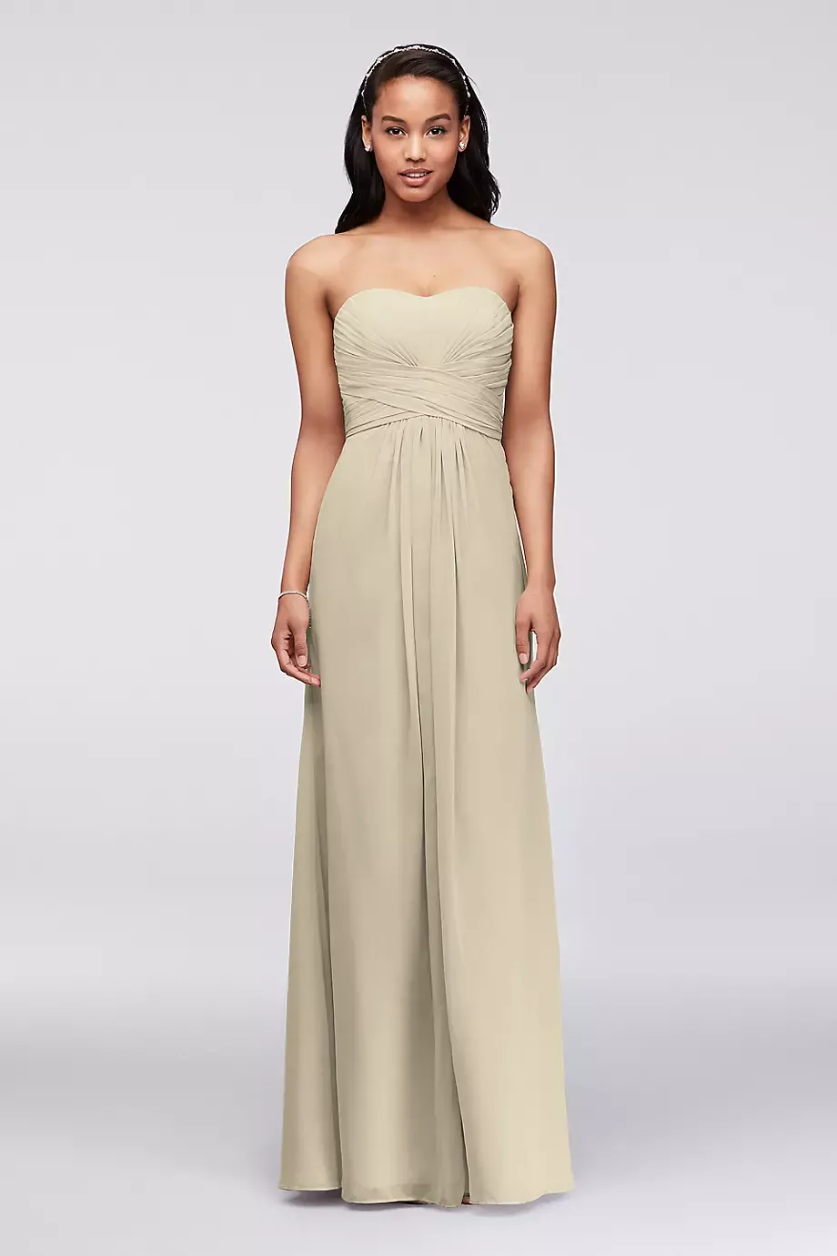 Long Strapless Chiffon Dress With Pleated Bodice in Champagne Size: 4 David's Bridal