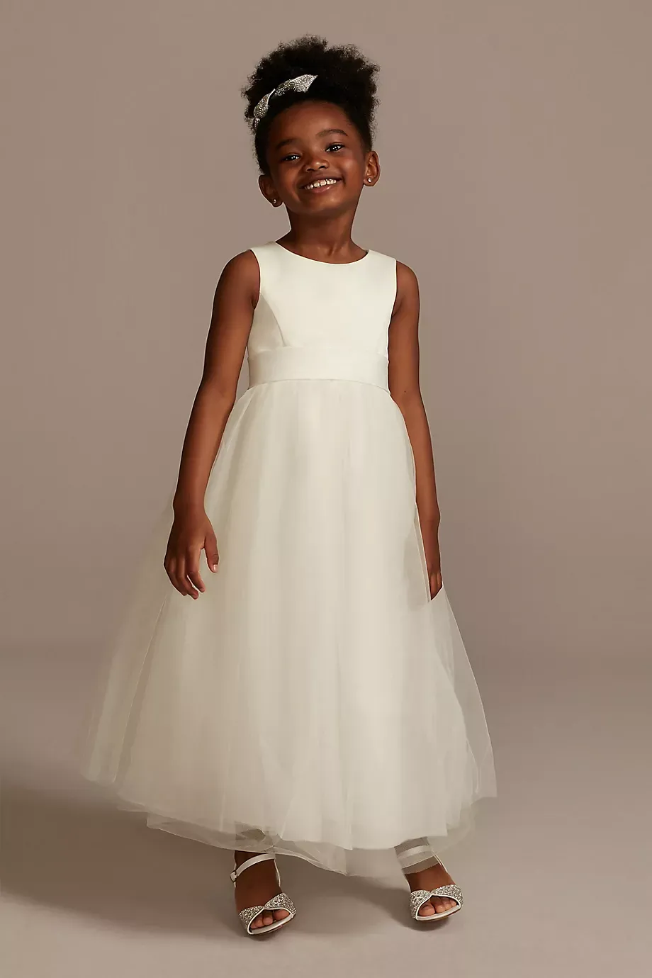 Satin Flower Girl Dress With Tulle Skirt in Ivory Size: 12 David's Bridal