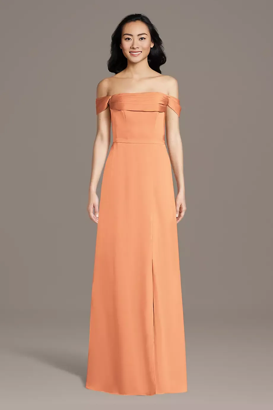 Celebrate DB Studio Matte Satin Off-The-Shoulder Cowl Neck Sheath Dress in Orange Sorbet Size: XS David's Bridal