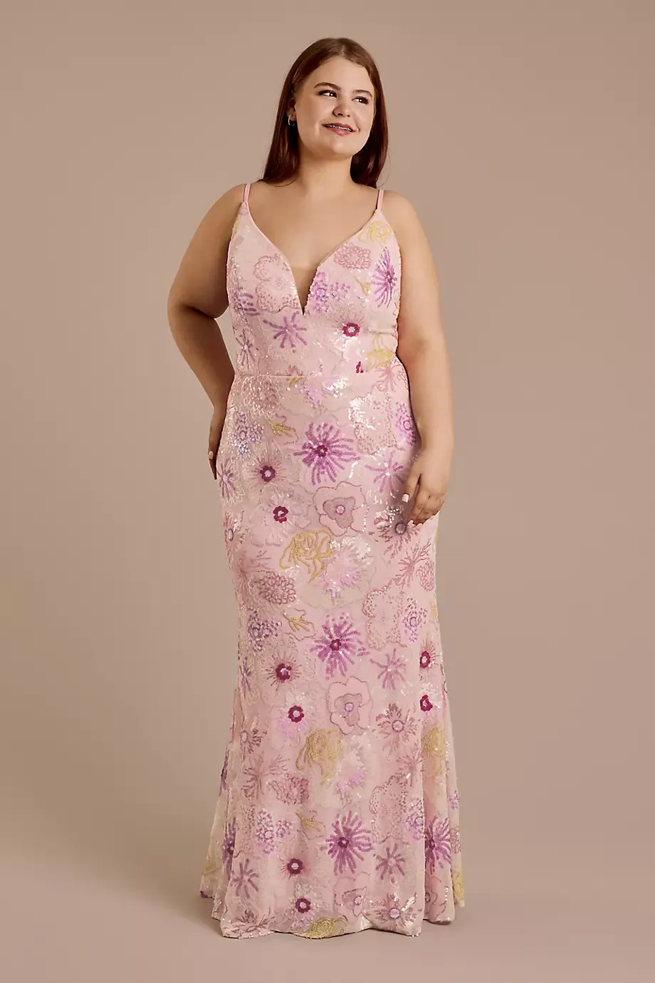 Jules and Cleo Floral Sequin Spaghetti Strap Sheath Dress in Pink Size: 18 David's Bridal