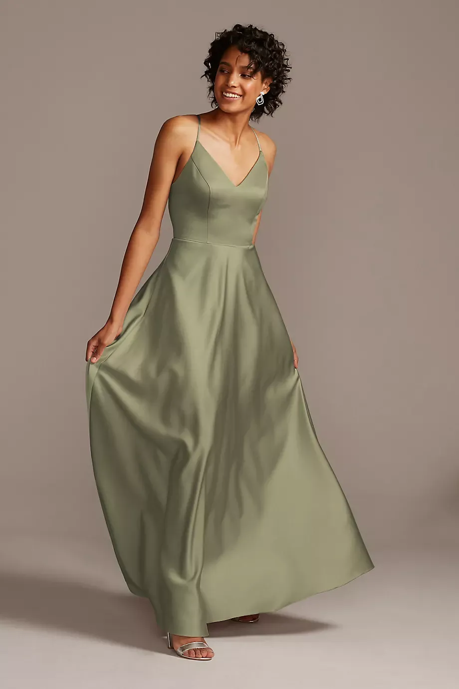 Celebrate DB Studio Spaghetti Strap Satin A-Line Long Bridesmaid Dress in Eucalyptus Size: 24 David's Bridal