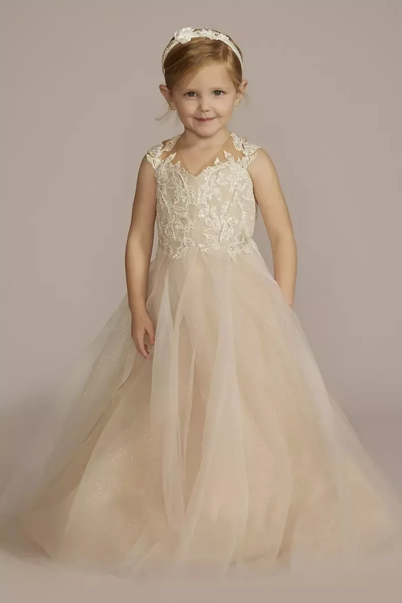 As Is Embellished Glitter Tulle Flower Girl Dress in Ivory/Cashmere Size: 12 David's Bridal