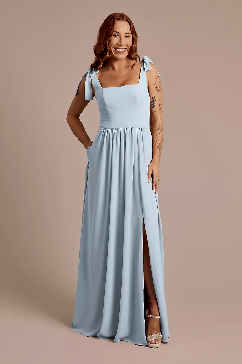 Celebrate DB Studio Chiffon Tie Strap Tank A-Line Dress in Dusty Blue Size: 24 David's Bridal