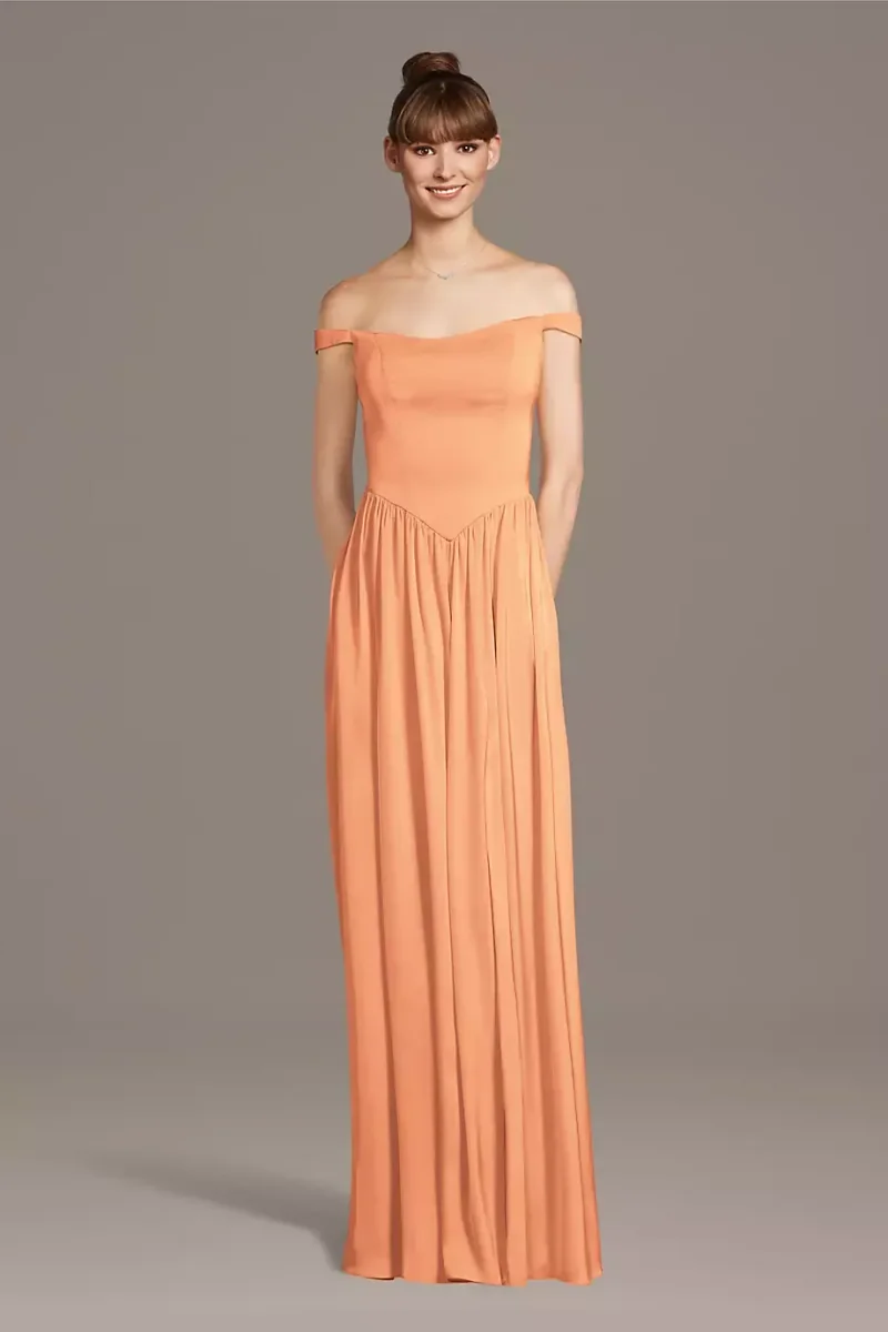 Celebrate DB Studio Matte Satin Off-The-Shoulder Basque Waist Dress in Orange Sorbet Size: 3X David's Bridal