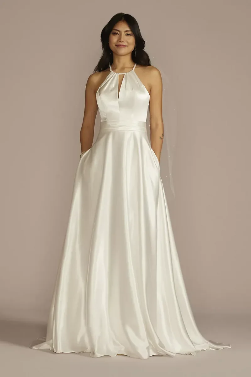 As Is High Neck Satin A-Line Wedding Dress in Soft White Size: 0 David's Bridal