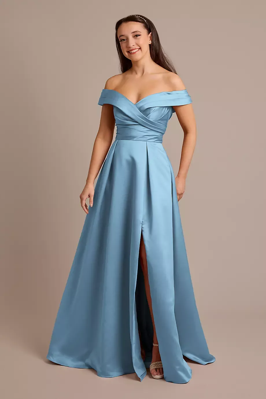 Celebrate DB Studio Satin Off-The-Shoulder Ball Gown Dress in Lake Size: 8 David's Bridal