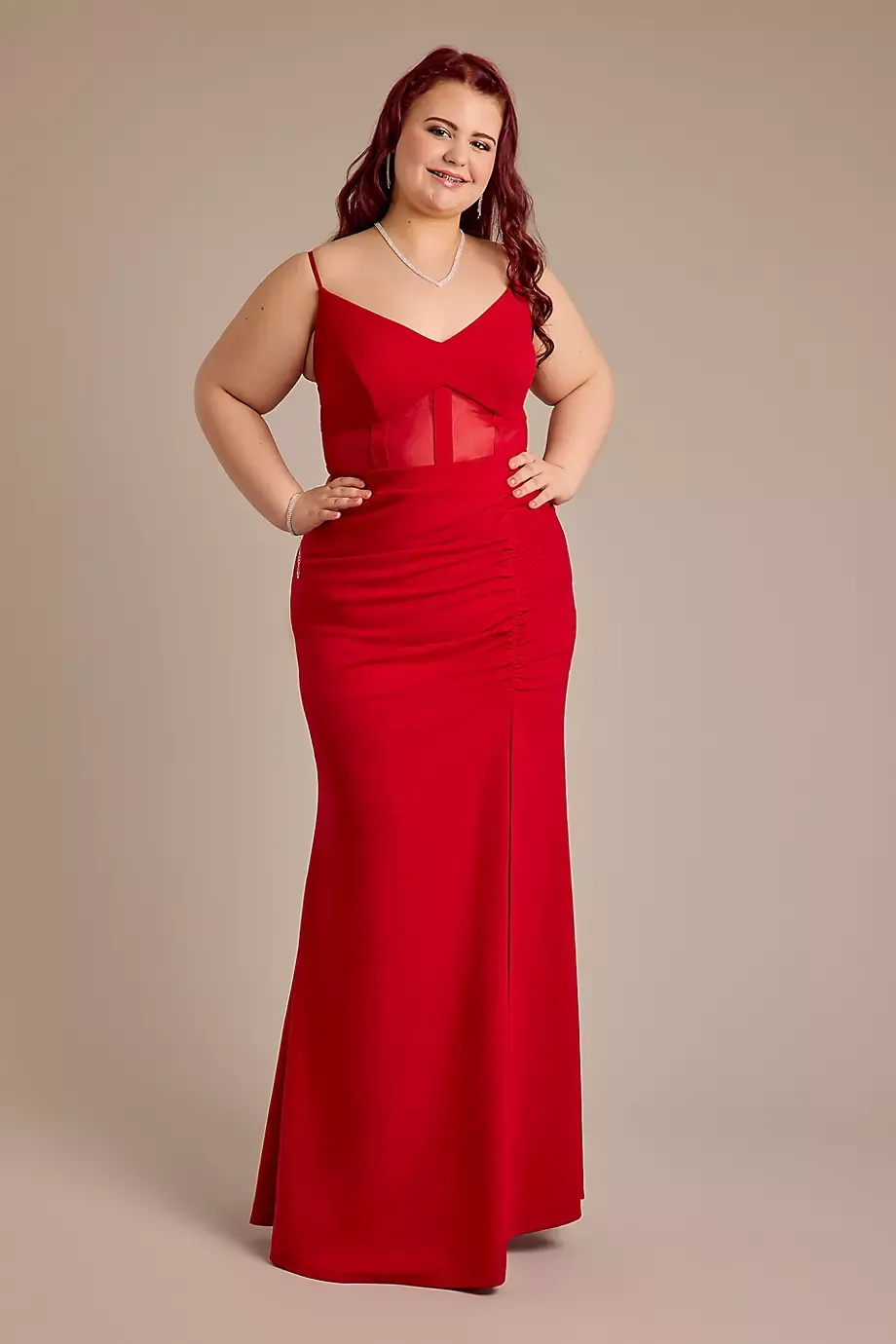 Emerald Sundae Crepe Corset Sheath Dress With Illusion Bodice in Red Size: 18 David's Bridal