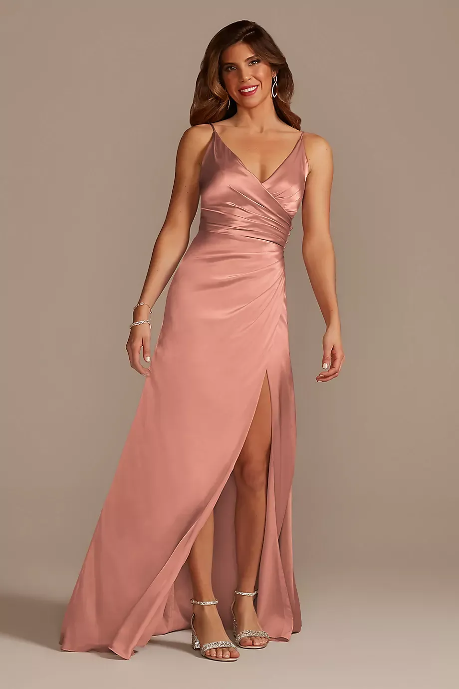 Galina Signature Tall Charmeuse Draped Strappy Dress in Desert Coral Size: 14 David's Bridal