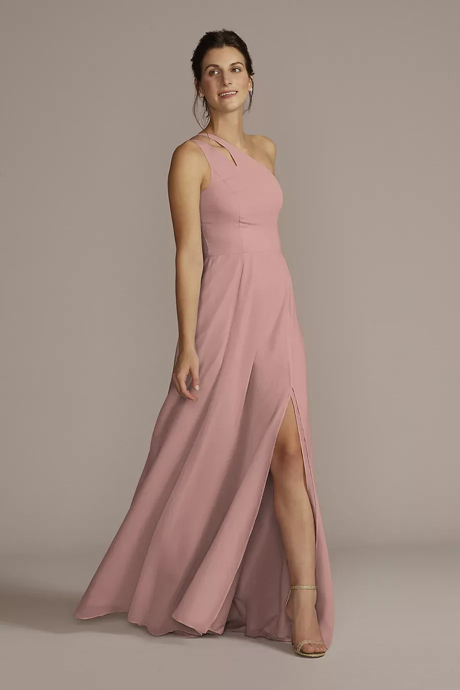 Celebrate DB Studio Tall Chiffon One-Shoulder Cutout Dress in Quartz Size: 0 David's Bridal