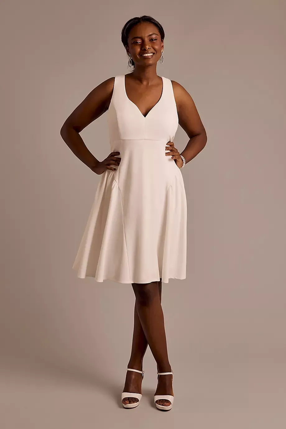 Emerald Sundae Crepe Plunging Neckline Ruffled Hip Mini Dress in White Size: 20 David's Bridal