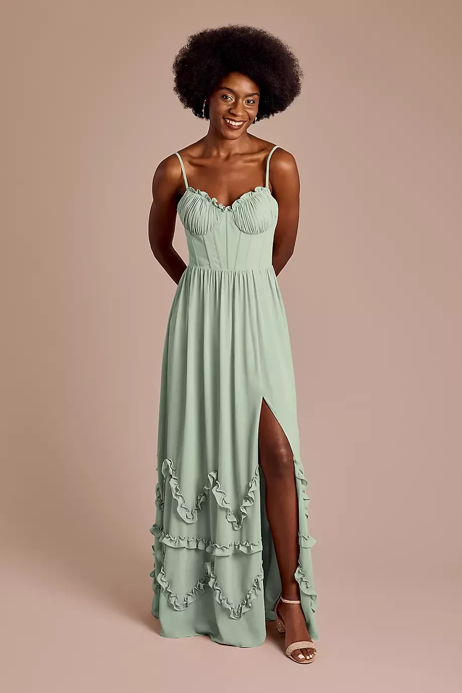 Celebrate DB Studio Ruffled Chiffon Spaghetti Strap Dress in Dusty Sage Size: 2 David's Bridal